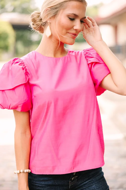 women's tops for boho-chic stylesLooking For You Fuchsia Pink Puff Sleeve Blouse