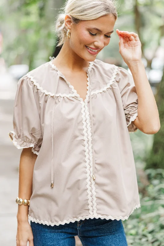 chic women's tops for everyday wearIn A Dream Taupe Brown Rickrack Blouse