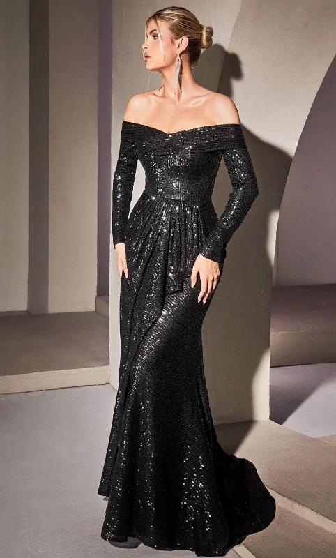 women's off-the-shoulder dressesCinderella Divine CH135 - Off-Shoulder Sequin Evening Gown