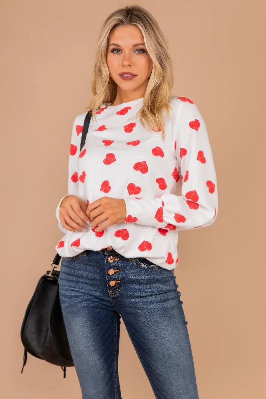 women's tops for those who prefer classic over trendy stylesGreat Hearts Think Alike Ivory White Heart Print Top