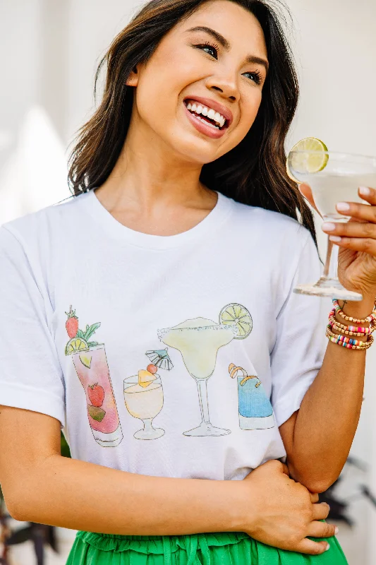 women's tops for those who prefer classic over trendy stylesHappy Hour White Graphic Tee