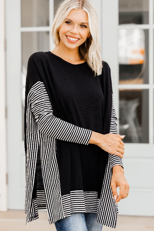 women's tops for everyday eleganceMore To Love Black Striped Poncho Top