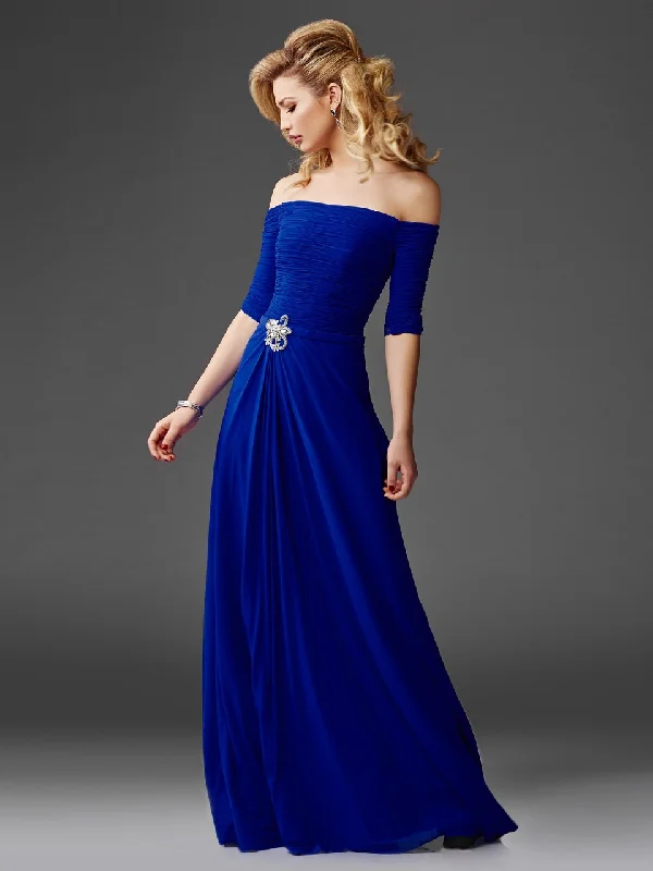 Flutter-Sleeve DressClarisse Fitted Off-Shoulder Ruched Evening Gown M6404