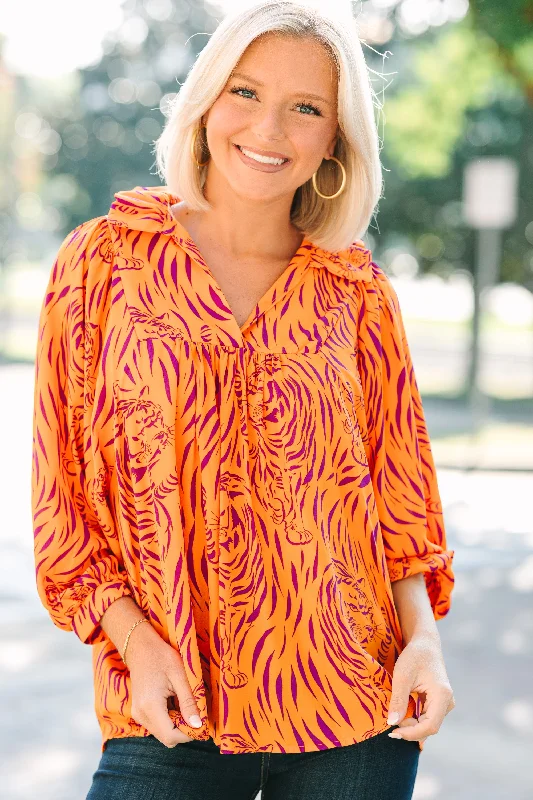 chic women's tops for everyday wearThe Morgan Orange And Purple Tiger Blouse