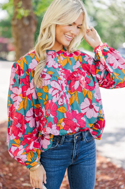 cozy women's tops for fall and winterFate: Ready For You Teal Floral Blouse