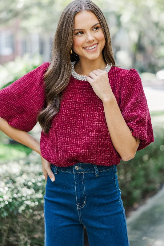 women's tops with unique designsCalling On You Burgundy Red Tweed Blouse