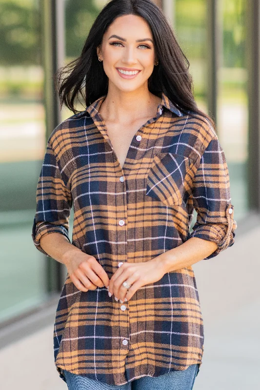 elegant women's topsJust Me And You Mustard Yellow Plaid Button Down Top