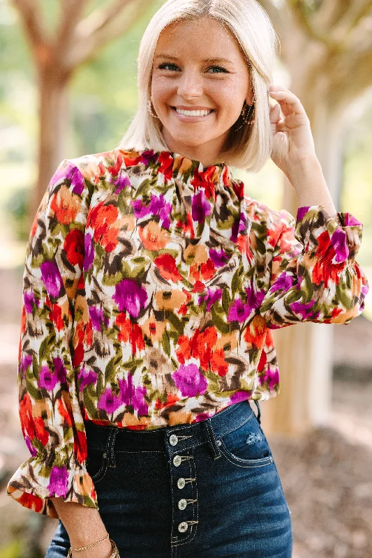 chic women's tops for everyday wearBeauty And Brains Spicy Orange Floral Blouse