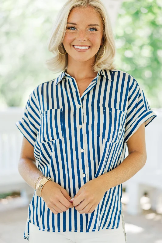 women's tops for those who love to experiment with fashionHelp You Out Navy Blue Striped Blouse