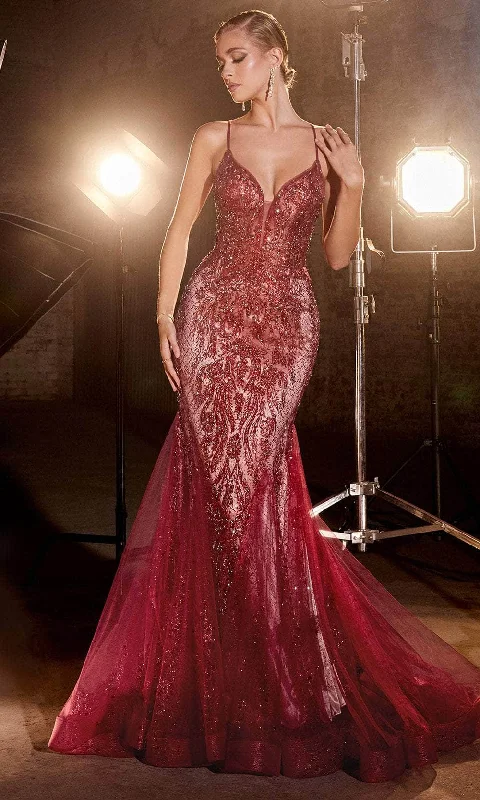 Lace DressCinderella Divine CC2253 - Evening Dress Featuring Godets and a Plunging Mermaid Silhouette