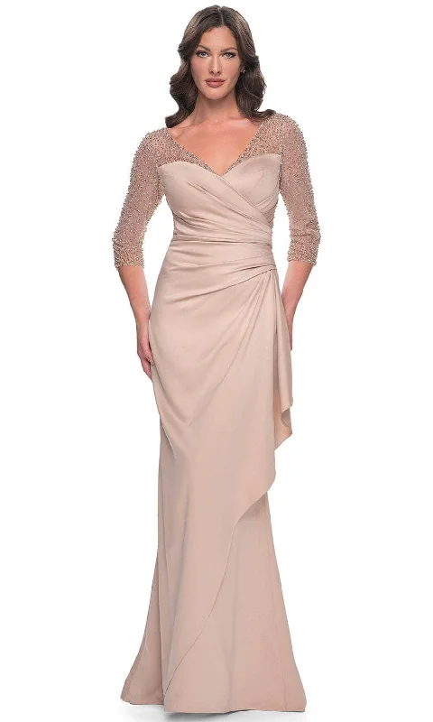 women's cotton dressesLa Femme 31011SC - V-Neck Wrap Bodice Evening Gown