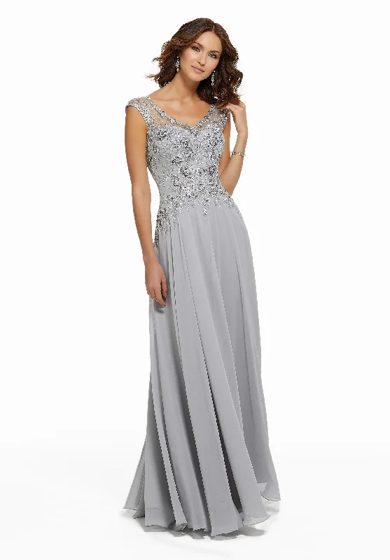 MGNY By Mori Lee - 72021SC Beaded Lace V-neck Chiffon Evening Dress