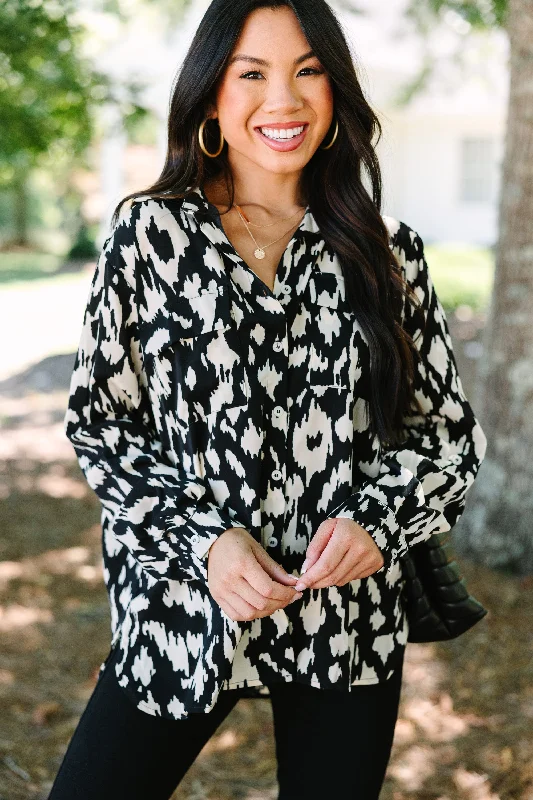 women's tops with geometric patternsSee The Light Black Animal Print Blouse