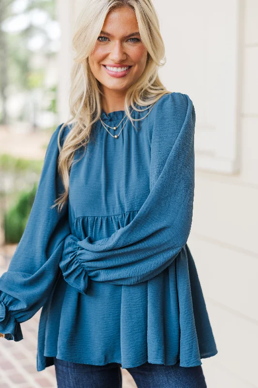 women's tops with spaghetti straps and deep V-necksMaking Moves Teal Blue Ruffled Blouse