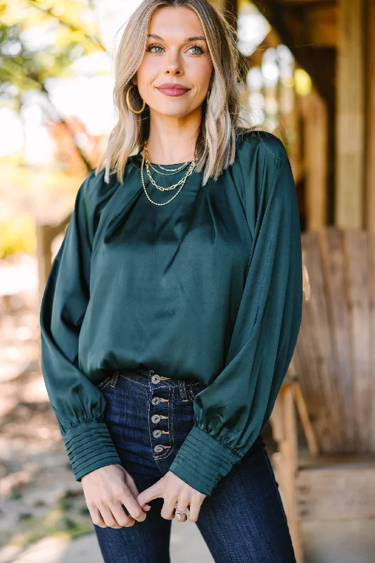 women's tops for cocktail partiesOn The Lookout Hunter Green Satin Blouse