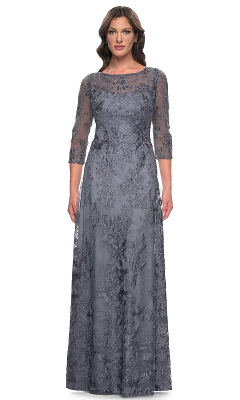 women's long-sleeved dressesLa Femme 30060SC - Embroidered Bateau Evening Dress