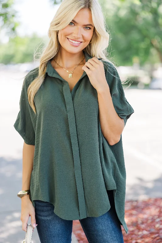 women's tops with ruffled hemsThink It Through Olive Green Top