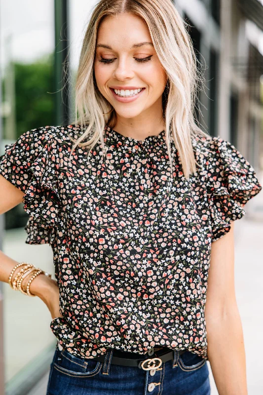 women's tops for business casual attireOn My Heart Black Ditsy Floral Blouse