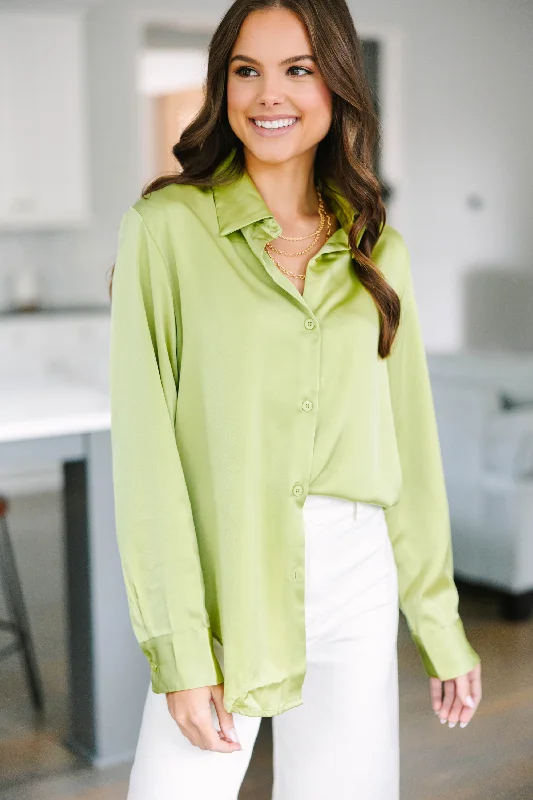 women's tops with built-in brasDream On Pistachio Green Satin Blouse