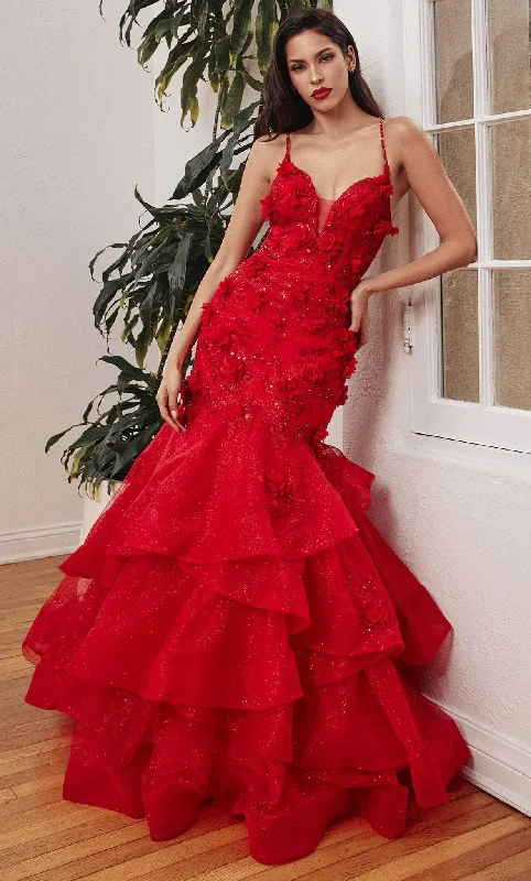 Velvet DressCinderella Divine CM329 - Floral Embellished Mermaid with Tiers Evening Dress