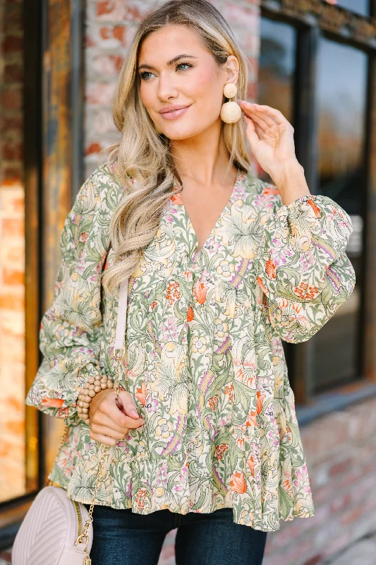 women's tops for summer festivalsAll For Love Olive Green Floral Blouse