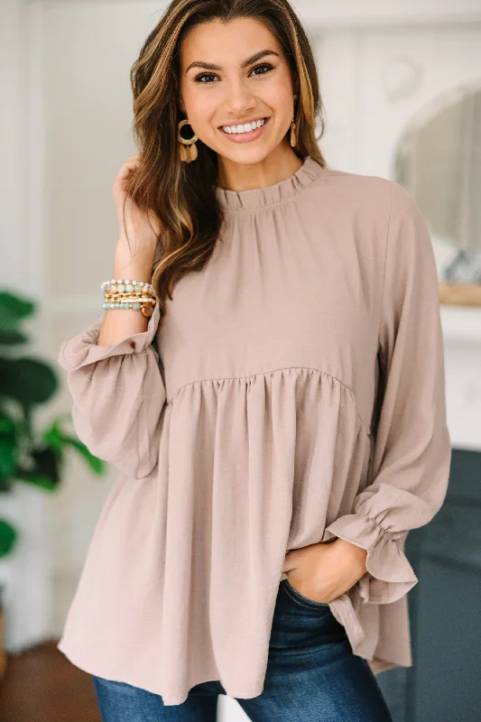 women's tops with lace-up frontsMaking Moves Taupe Brown Ruffled Blouse