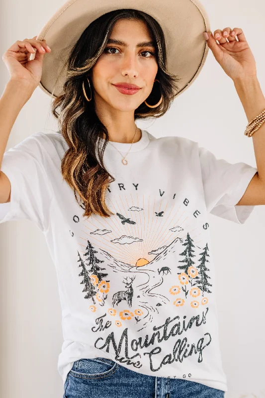 women's tops with embroidery detailsThe Mountains Are Calling White Graphic Tee