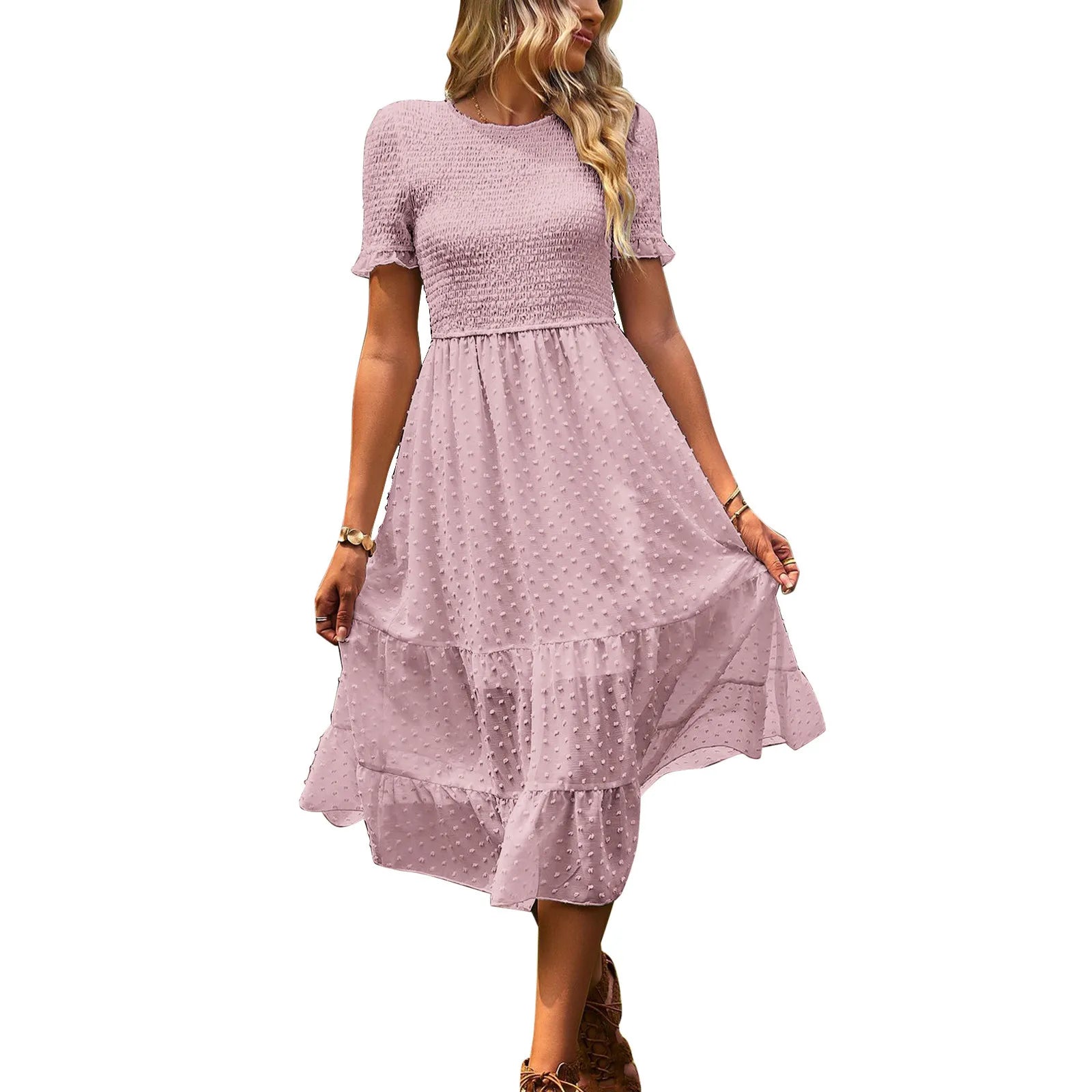 Glamour DressJuliaFashion - Women Casual Boho Short Sleeve Jacquard Smocked Midi Crew Neck Tiered Ladies High Waist Chiffon Summer Dress