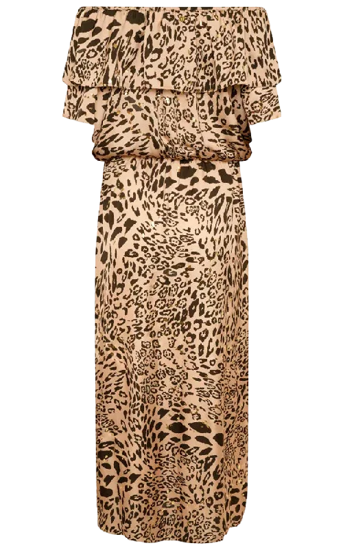 Pearl DressNAIA Leopard Halle Bardot Frill Maxi Dress Golden Leopard UK M