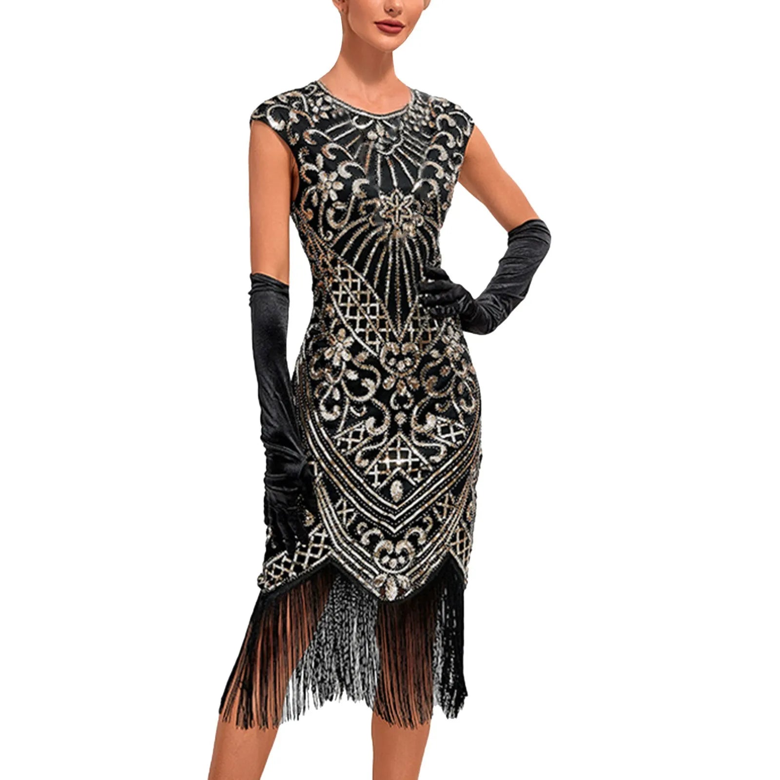 women's bow dressesJuliaFashion - Knee Length Flapper Tassels Hem Sequined Great Gatsby Midi Dress