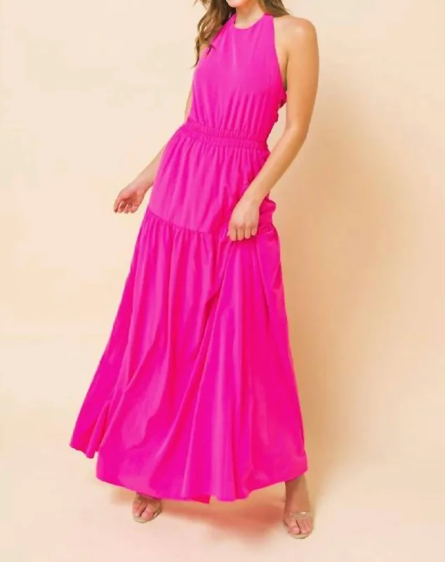 women's flowy dressesThe Paulina Halter Top Maxi Dress In Neon Pink