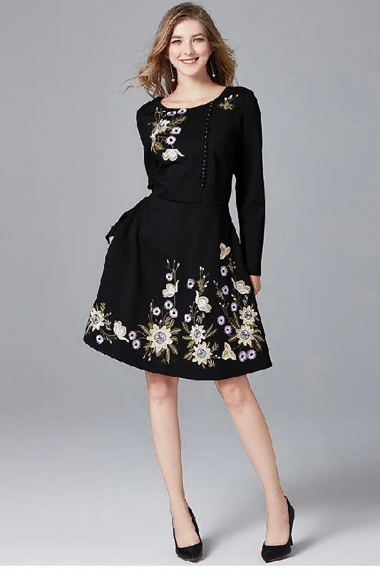 Retro DressFloral Embroidered Midi Dress