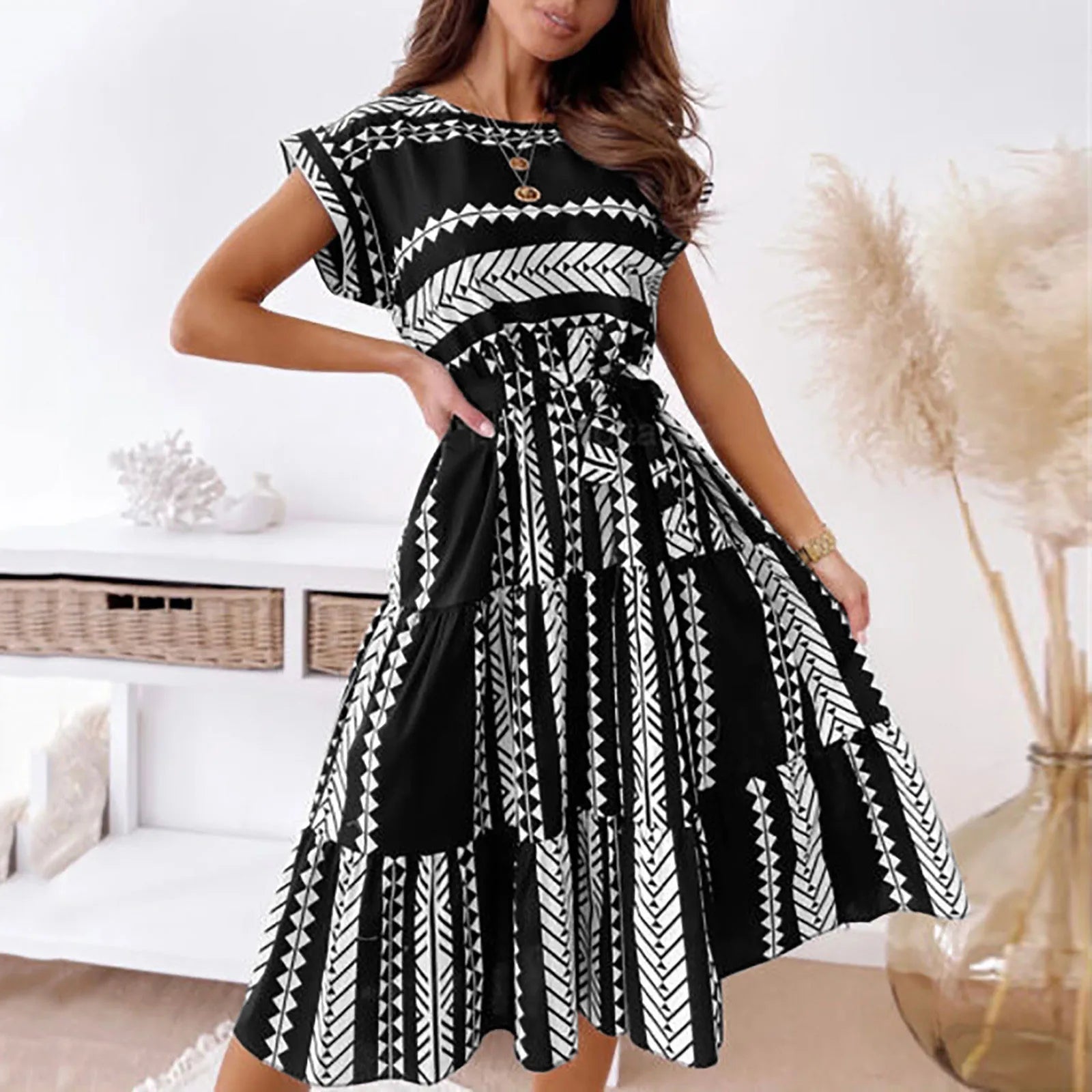 women's A-line dressesJuliaFashion - Womens Midi Evening Party Prom Irregularly Print Short Sleeve Lace-Up Slim Body Wrap Hips Long Clubwear Dress