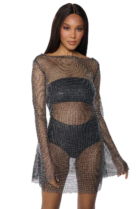 women's empire-line dressesSHE ALL THAT RHINESTONE MESH MINI DRESS IN BLACK