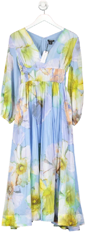 women's midi dressesKaren Millen Blue Petite Photographic Floral Silk Cotton Maxi Dress UK 4