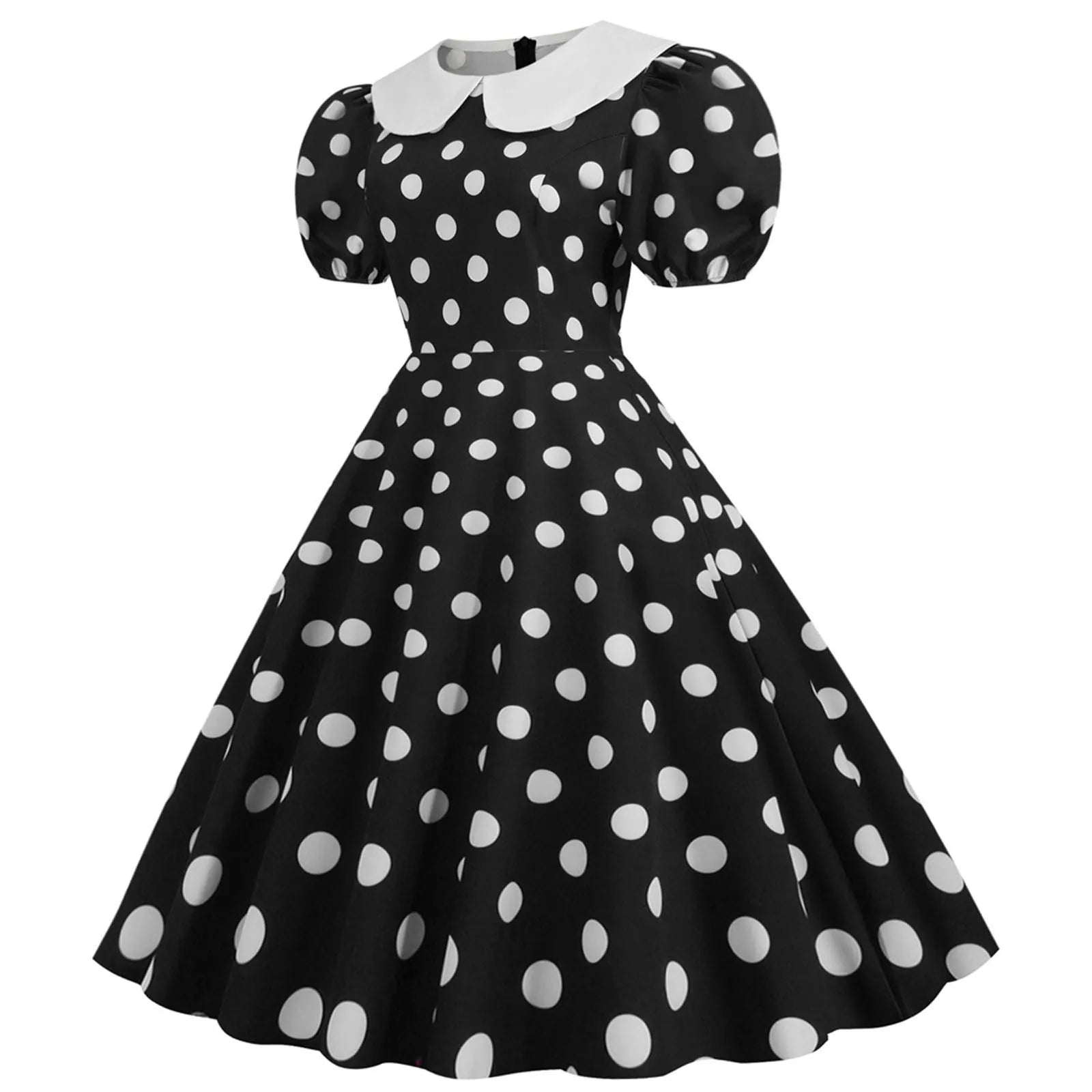 women's evening dressesJuliaFashion - Women Summer Polka Dot Print Short Sleeve Peter Pan Collar Casual Loose Party Vintage Midi Swing Robe Femme Dress