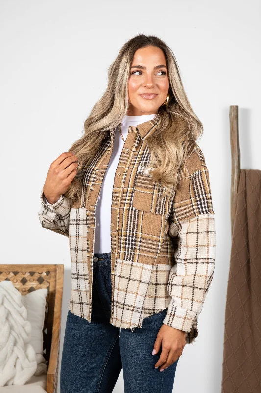 women's coats for black-tie affairsTan Mixed Plaid Oversized Shacket