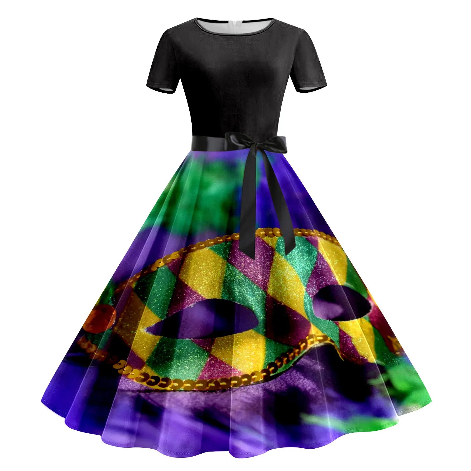 Velvet DressJuliaFashion - Mardi Gras 2024 Women Print Short Sleeve 1950s Evening Party Formal Belt Summer High Waist A Line Midi Dress