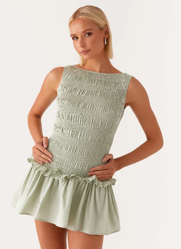 Knit DressGarden Kisses Shirred Mini Dress - Sage