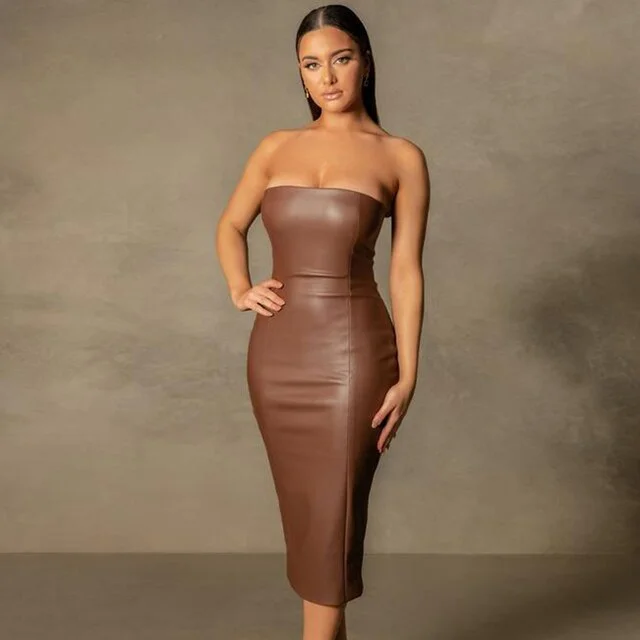 Prom DressJuliaFashion - 2024 Strapless Stretch PU Bodycon Midi Dress