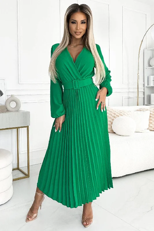 women's prom dressesNumoco Basic 504-4 VIVIANA Pleated midi dress with a neckline, long sleeves and a wide belt - light green