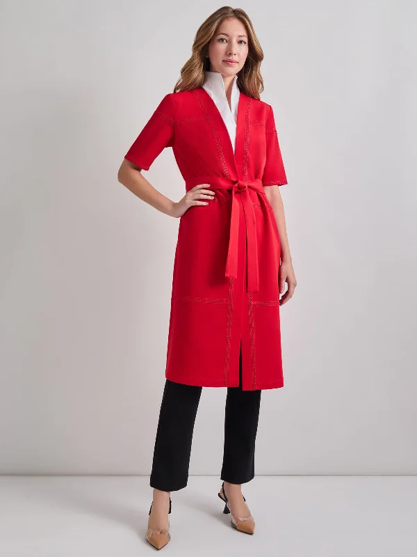 women's coats with satin liningsShort Sleeve Belted Stretch Crepe Duster