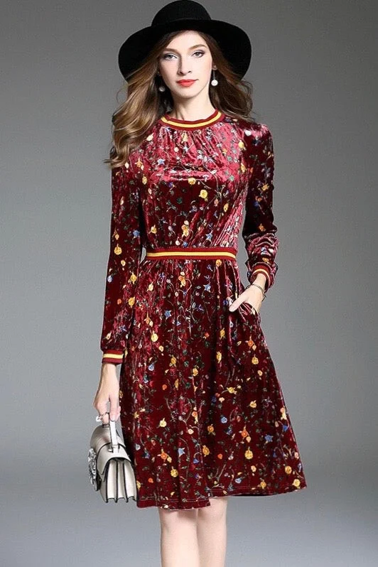 women's designer dressesFloral Print Velvet Midi Dress