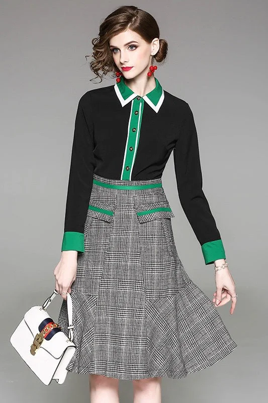 women's business casual dressesShirt Collar Plaid Midi Dress