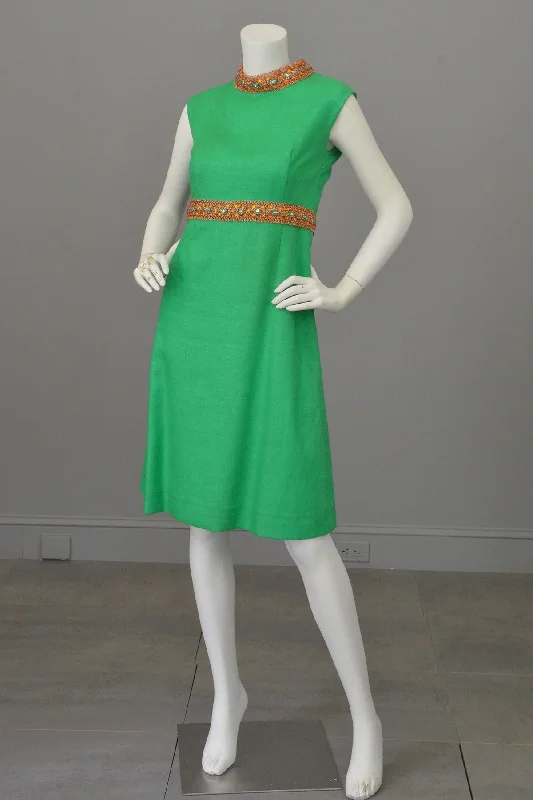 Embellished DressKelly Green and Copper 70s vintage midi dress