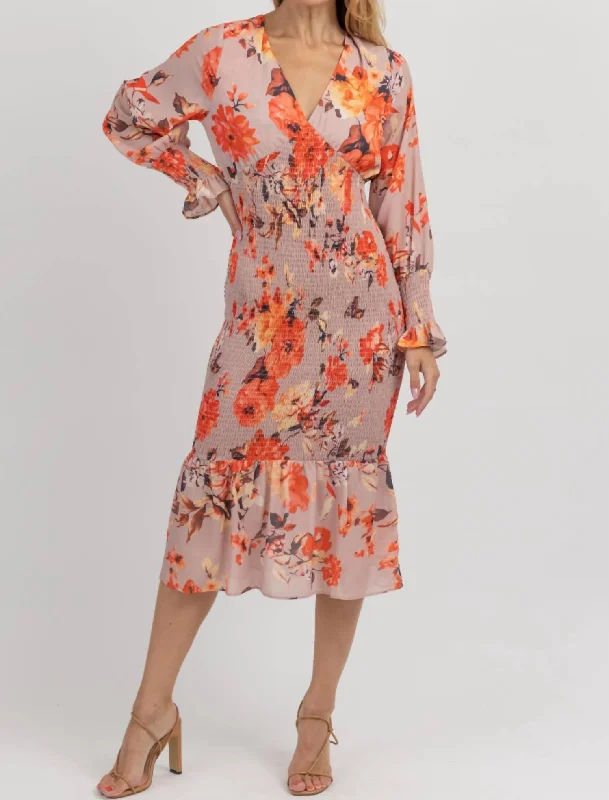 women's party dressesFloral Puff Smock Maxi Dress In Coral