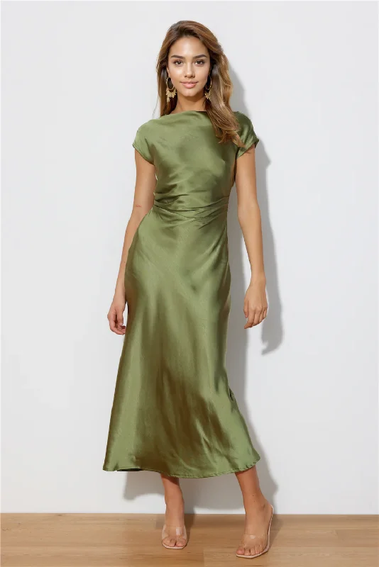 Cold-Shoulder DressFaithful Nights Satin Midi Dress Olive