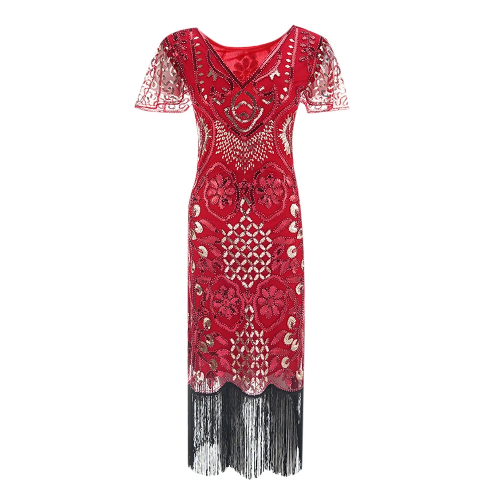 women's mini dressesJuliaFashion - Women's Sequin Beaded Flapper 20s Great Gatsby Fringed Sequin Lady V-Neck Petal Sleeve Embroidery Midi Dress