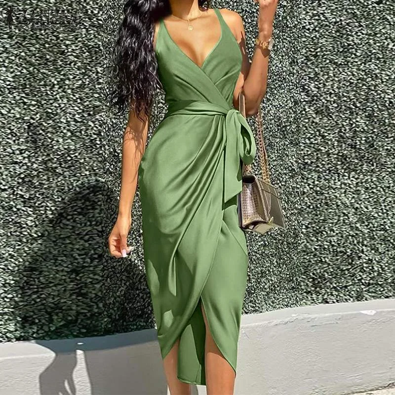 Ribbon DressJuliaFashion - 2024 V-Neck Slip High Waist Satin Midi Dresses