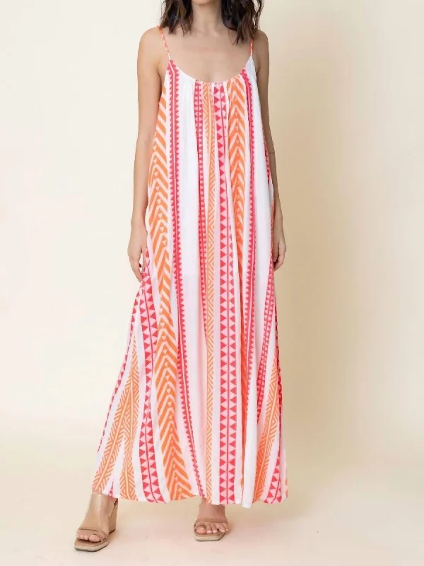 women's wedding guest dressesEmbroidered Striped Cami Maxi Dress In White/ Pink/ Orange